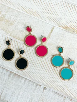 Round Gold-Trim Enamel Dangle Earrings - Black