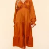 Satin Babydoll Maxi Dress - Rust