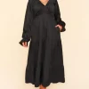 Satin Babydoll Maxi Dress - Black
