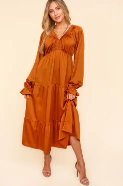 Satin Babydoll Maxi Dress - Rust