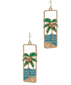 Seaside Metal & Enamel Portrait Dangle Earrings - Palm Tree