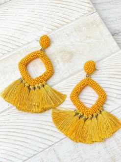 Seed Bead Fringe Dangle Earrings - Yellow