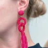 Seed Bead Linked Tassel Earrings - Hot Pink