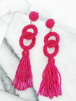 Seed Bead Linked Tassel Earrings - Hot Pink
