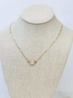 Semi Precious Square Stone Necklace - Rose