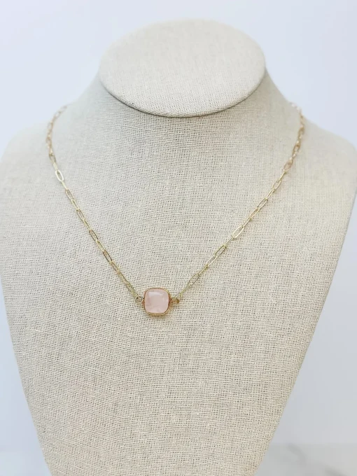 Semi Precious Square Stone Necklace - Rose