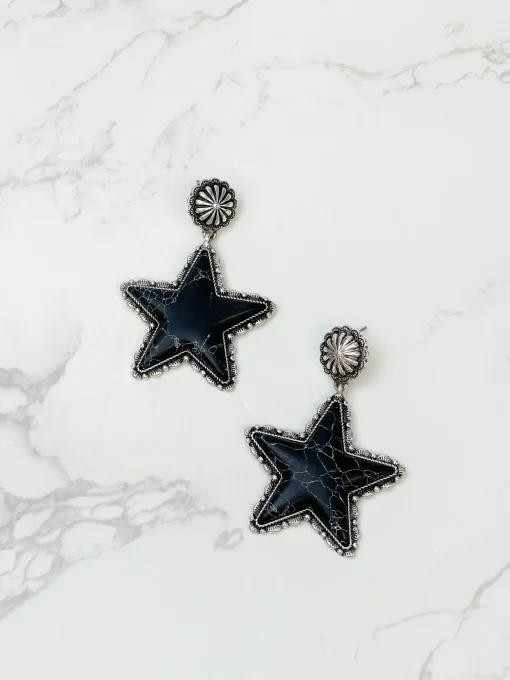Semi Precious Star Statement Earrings - Black