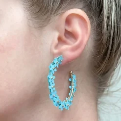 Sequin Flower Lined Hoop Earrings - Blue