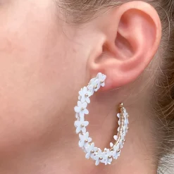 Sequin Flower Lined Hoop Earrings - White