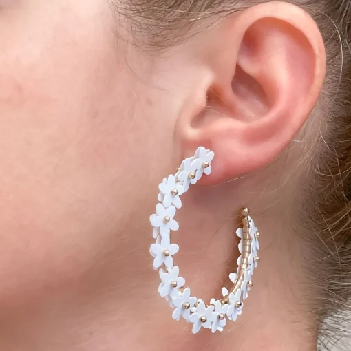 Sequin Flower Lined Hoop Earrings - White