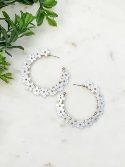 Sequin Flower Lined Hoop Earrings - White