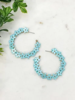 Sequin Flower Lined Hoop Earrings - Blue
