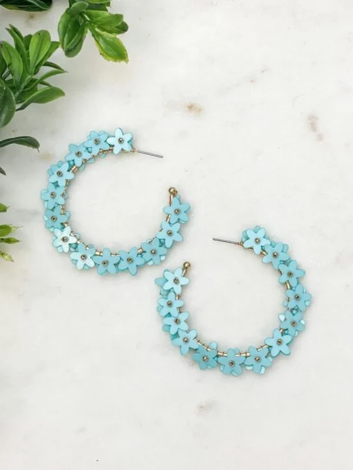 Sequin Flower Lined Hoop Earrings - Blue