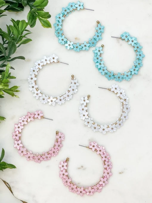 Sequin Flower Lined Hoop Earrings - White