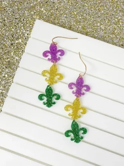 Shimmer Fleur De Lis Trio Dangle Earrings