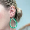 Shiny Bead Holiday Gold Teardrop Dangle Earrings - Green