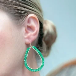 Shiny Bead Holiday Gold Teardrop Dangle Earrings - Green