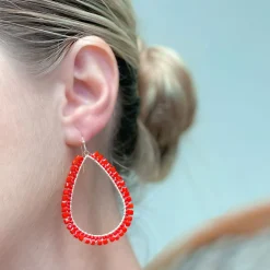 Shiny Bead Holiday Gold Teardrop Dangle Earrings - Red