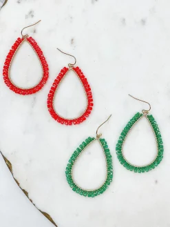 Shiny Bead Holiday Gold Teardrop Dangle Earrings - Red