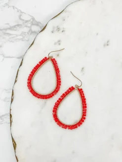 Shiny Bead Holiday Gold Teardrop Dangle Earrings - Red