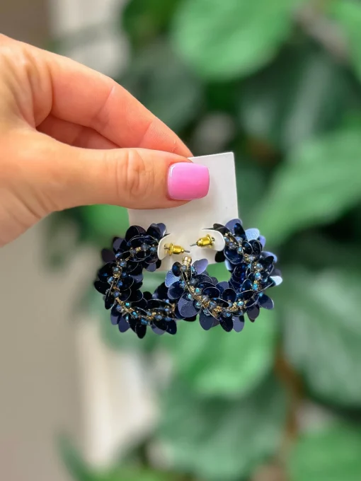 Shiny Sequin Hoop Earrings - Navy Blue