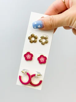 Simple Enamel Flower Earrings Set - Pink