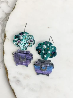 Spooky Cauldron Dangle Earrings - Green