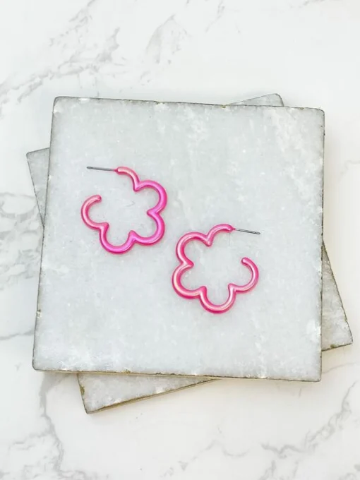 Spring Flower Enamel Coated Cutout Hoops - Pink