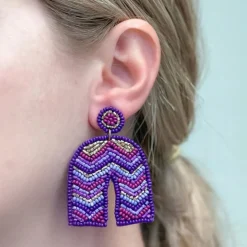 Striped Beaded Horseshoe Dangle Earrings - Purple