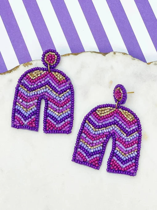 Striped Beaded Horseshoe Dangle Earrings - Purple