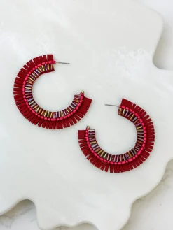 Suede Fringe Beaded Hoop Earrings - Burgundy