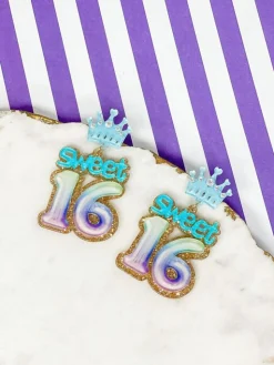 'Sweet 16' Birthday Balloon Dangle Earrings - Blue & Purple