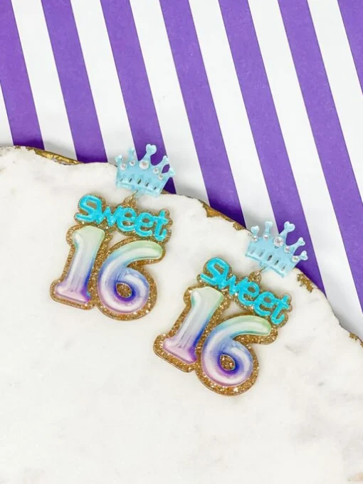 'Sweet 16' Birthday Balloon Dangle Earrings - Blue & Purple