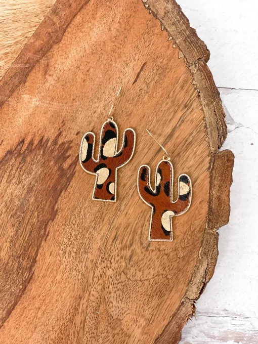 Textured Gold Metallic Cactus Dangle Earrings in Brown