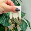 Textured Gold Metallic Cactus Dangle Earrings - Dark Green