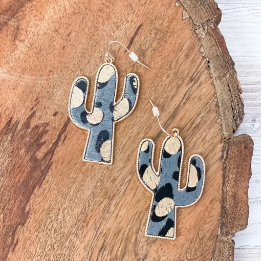 Textured Gold Metallic Cactus Dangle Earrings in Gray