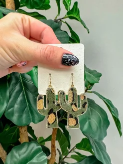 Textured Gold Metallic Cactus Dangle Earrings - Dark Green