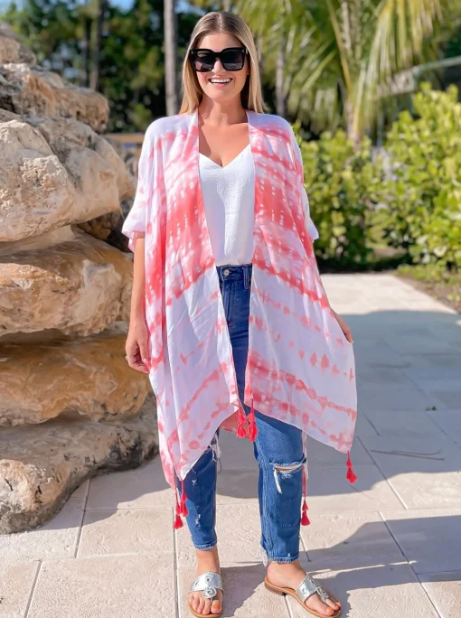Tie Dye Tassel Kimono - Pink