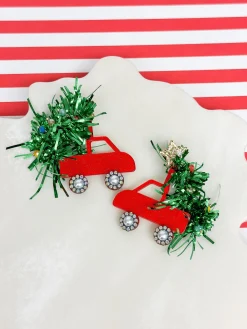 Tinsel Christmas Tree Truck Dangle Earrings