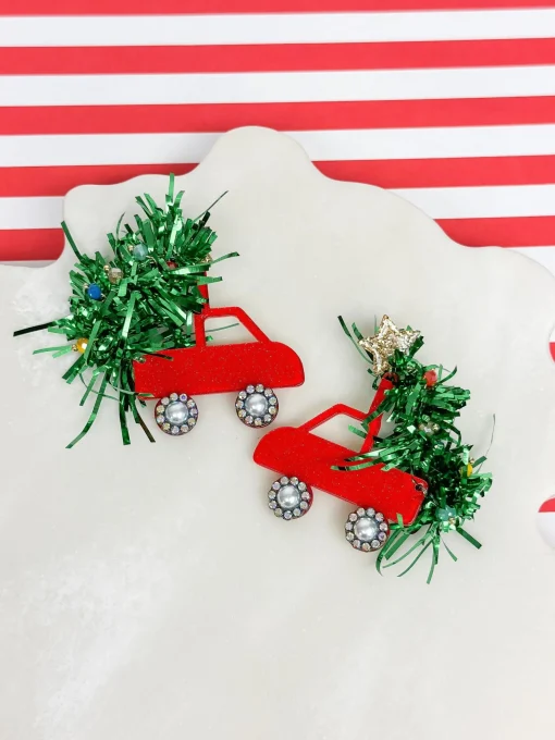 Tinsel Christmas Tree Truck Dangle Earrings