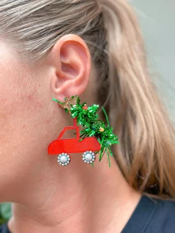 Tinsel Christmas Tree Truck Dangle Earrings