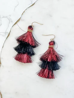 Tinsel Tiered Tassel Earrings - Burgundy & Black