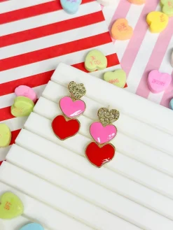 Triple Heart Enamel Dangle Earrings