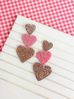 Triple Heart Glitter Dangle Earrings - Multi