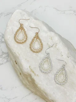 Twisted Double Teardrop Pearl Dangle Earrings - Silver