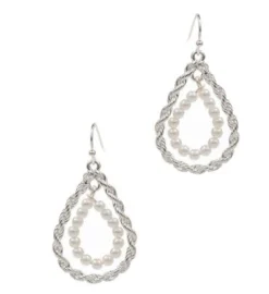 Twisted Double Teardrop Pearl Dangle Earrings - Silver