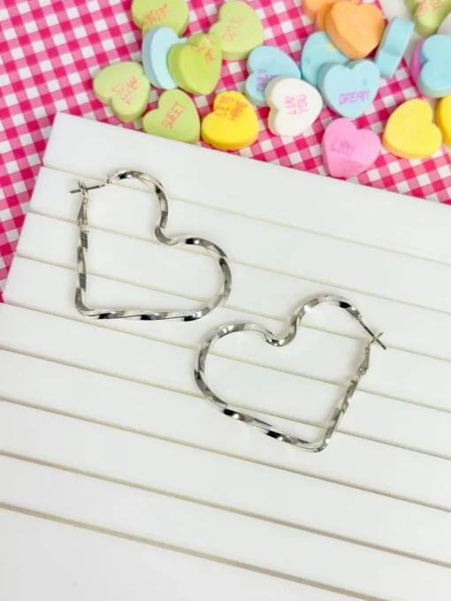 Twisted Heart Hoop Earrings - Silver