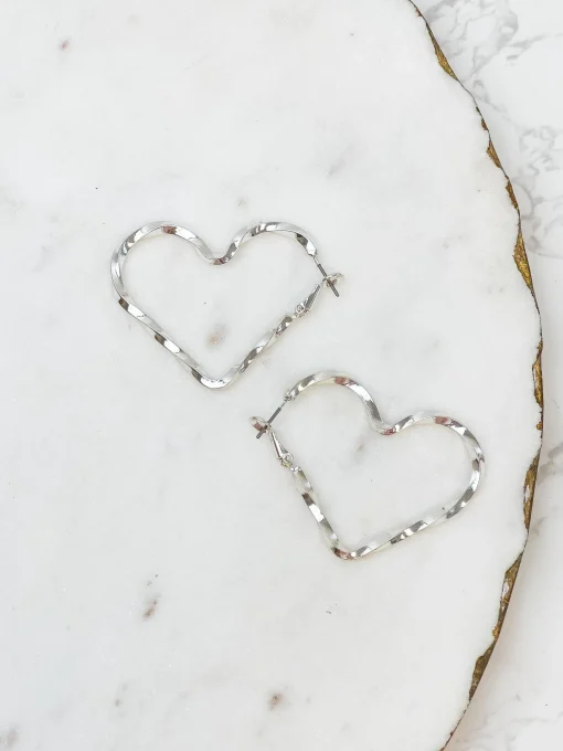 Twisted Heart Hoop Earrings - Silver