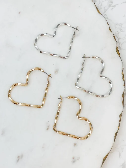 Twisted Heart Hoop Earrings - Silver