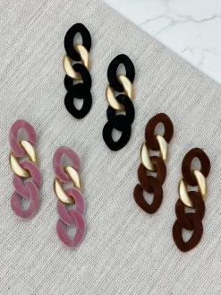 Velvet Chain Link Dangle Earrings - Pink